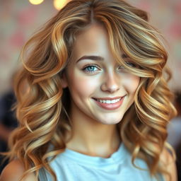 A close-up portrait of a young woman with fluffy, voluminous hair styled in soft waves, cascading down her shoulders