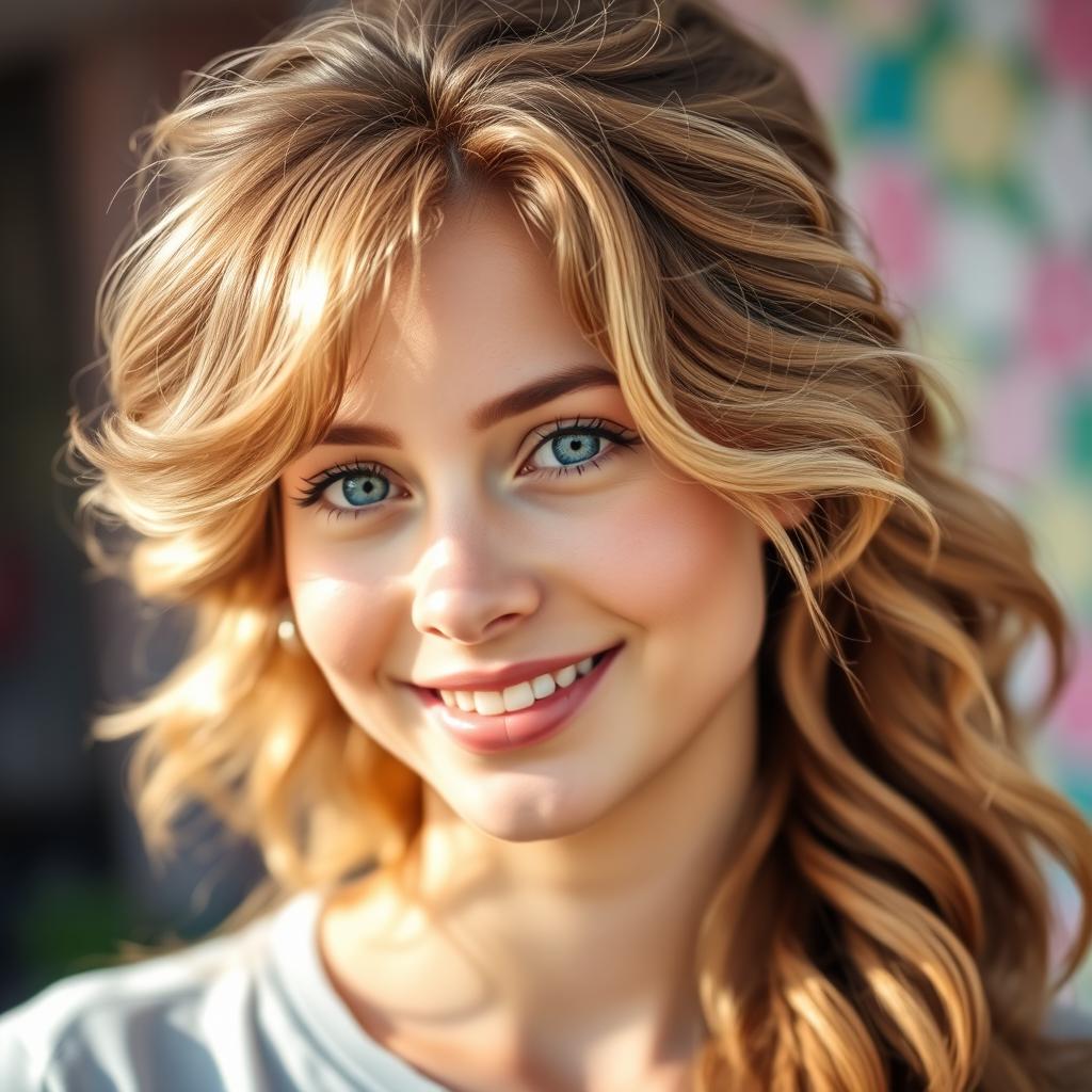 A close-up portrait of a young woman with fluffy, voluminous hair styled in soft waves, cascading down her shoulders