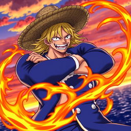 A dynamic depiction of Sabo, the character from the anime One Piece, showcasing his signature straw hat and blue outfit