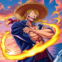 A dynamic depiction of Sabo, the character from the anime One Piece, showcasing his signature straw hat and blue outfit