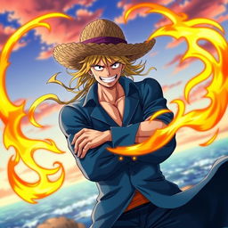 A dynamic depiction of Sabo, the character from the anime One Piece, showcasing his signature straw hat and blue outfit