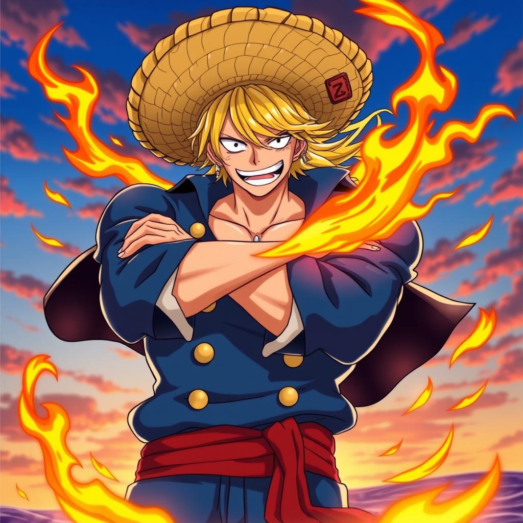 A dynamic depiction of Sabo, the character from the anime One Piece, showcasing his signature straw hat and blue outfit