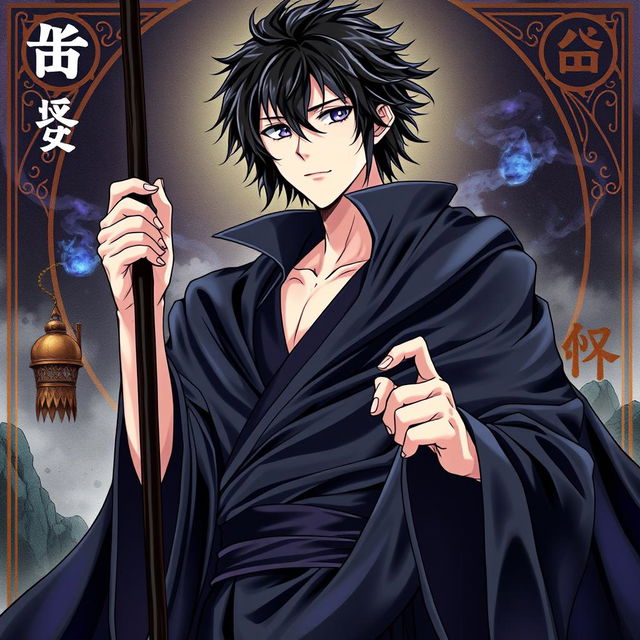 A captivating light novel cover in a manga art style featuring a tall male character with shaggy black hair and striking amethyst eyes