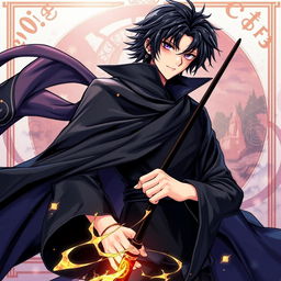 A captivating light novel cover in a manga art style featuring a tall male character with shaggy black hair and striking amethyst eyes