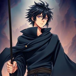 A captivating light novel cover in a manga art style featuring a tall male character with shaggy black hair and striking amethyst eyes