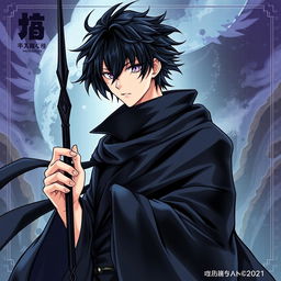 A captivating light novel cover in a manga art style featuring a tall male character with shaggy black hair and striking amethyst eyes