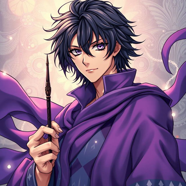 A stunning light novel cover in a manga art style featuring a tall male character with shaggy black hair and mesmerizing amethyst eyes