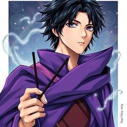 A stunning light novel cover in a manga art style featuring a tall male character with shaggy black hair and mesmerizing amethyst eyes