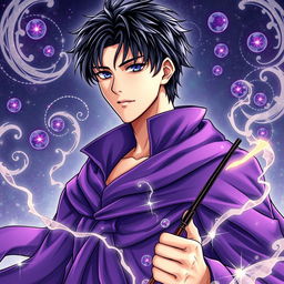 A stunning light novel cover in a manga art style featuring a tall male character with shaggy black hair and mesmerizing amethyst eyes