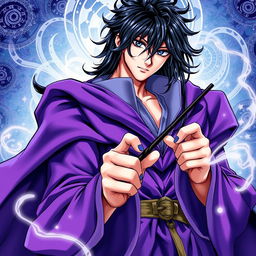 A stunning light novel cover in a manga art style featuring a tall male character with shaggy black hair and mesmerizing amethyst eyes