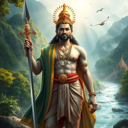 A divine representation of Lord Ayyapan, depicted as a tall and charismatic young man with a serene expression, wearing a traditional Kerala-style dhoti and a decorative shawl draped over one shoulder