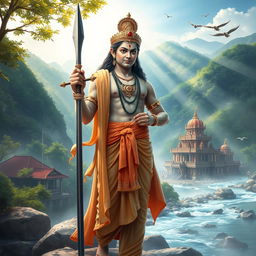 A divine representation of Lord Ayyapan, depicted as a tall and charismatic young man with a serene expression, wearing a traditional Kerala-style dhoti and a decorative shawl draped over one shoulder