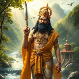 A divine representation of Lord Ayyapan, depicted as a tall and charismatic young man with a serene expression, wearing a traditional Kerala-style dhoti and a decorative shawl draped over one shoulder