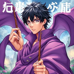 A light novel cover in a vibrant manga art style, featuring a tall male character with shaggy black hair and striking amethyst eyes