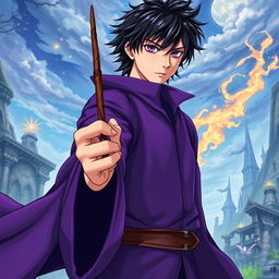 A light novel cover in a vibrant manga art style, featuring a tall male character with shaggy black hair and striking amethyst eyes