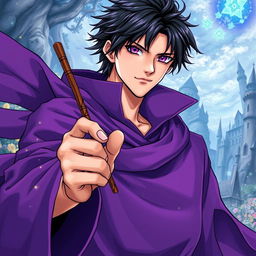 A light novel cover in a vibrant manga art style, featuring a tall male character with shaggy black hair and striking amethyst eyes