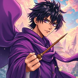 A light novel cover in a vibrant manga art style, featuring a tall male character with shaggy black hair and striking amethyst eyes