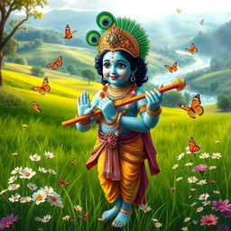 A serene and majestic depiction of Lord Krishna, standing gracefully in a lush green meadow