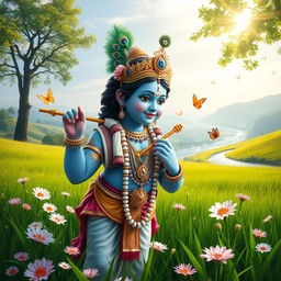 A serene and majestic depiction of Lord Krishna, standing gracefully in a lush green meadow