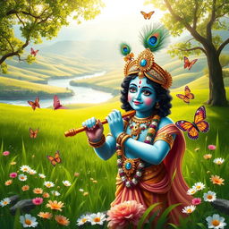 A serene and majestic depiction of Lord Krishna, standing gracefully in a lush green meadow