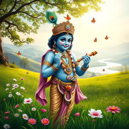 A serene and majestic depiction of Lord Krishna, standing gracefully in a lush green meadow