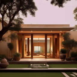 A house designed according to vastu principles, with an east-facing entrance, balanced rooms, and a central courtyard. Use neutral tones for the exterior, with an open, spacious interior that enhances a sense of peace and prosperity.