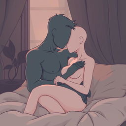 A detailed cartoon-style illustration of two faceless human figures in a sensual and intimate 69 position, focusing on an artistic and seductive tone