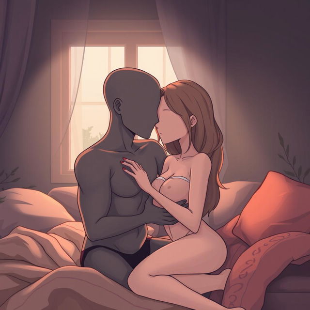 A detailed cartoon-style illustration of two faceless human figures in a sensual and intimate 69 position, focusing on an artistic and seductive tone