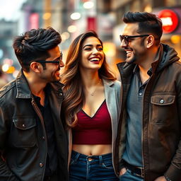 A glamorous portrait of a beautiful woman resembling Kriti Sanon surrounded by two stylish men, all three engaged in a light-hearted moment