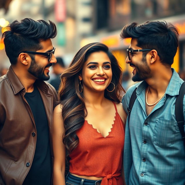 A glamorous portrait of a beautiful woman resembling Kriti Sanon surrounded by two stylish men, all three engaged in a light-hearted moment