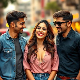 A glamorous portrait of a beautiful woman resembling Kriti Sanon surrounded by two stylish men, all three engaged in a light-hearted moment