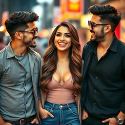 A glamorous portrait of a beautiful woman resembling Kriti Sanon surrounded by two stylish men, all three engaged in a light-hearted moment