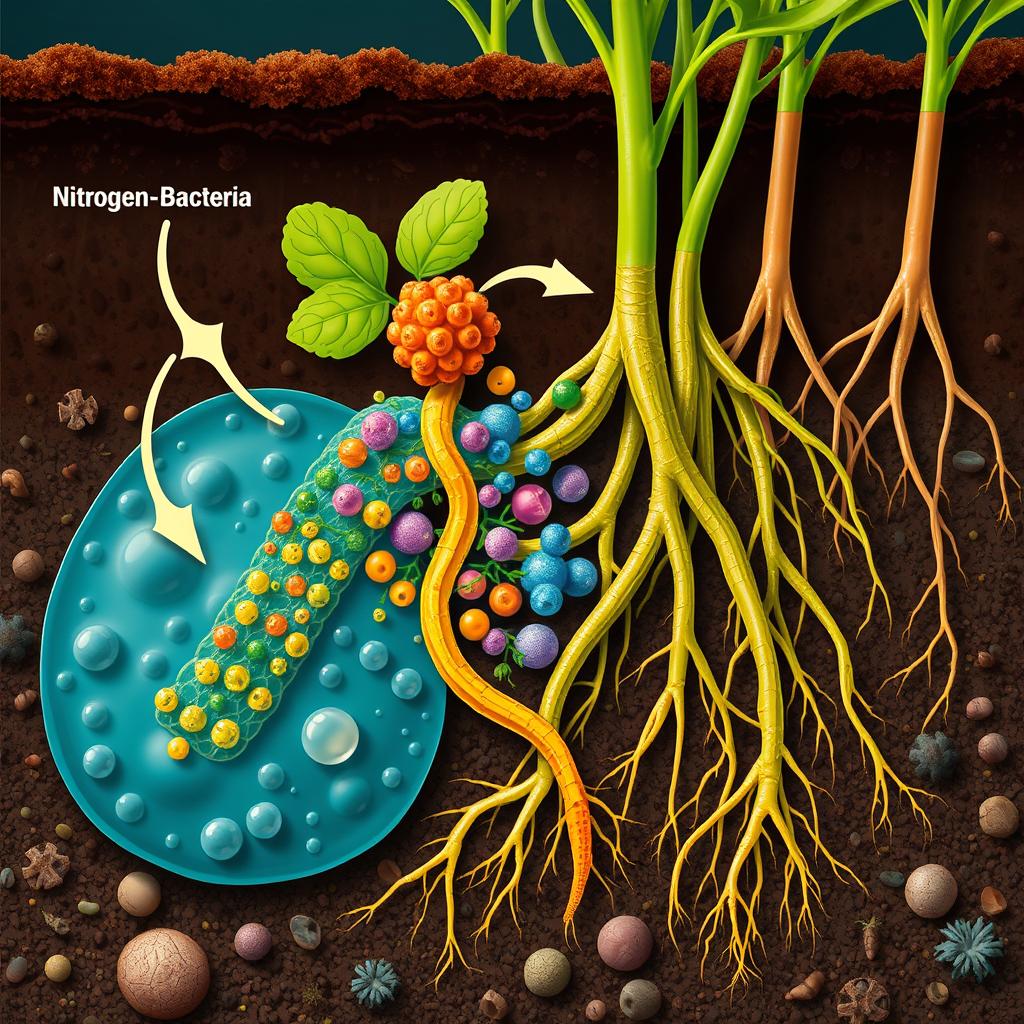 A detailed illustration showcasing the interaction between nitrogen-fixing bacteria and protozoa in a vibrant soil ecosystem