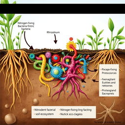 A detailed illustration showcasing the interaction between nitrogen-fixing bacteria and protozoa in a vibrant soil ecosystem