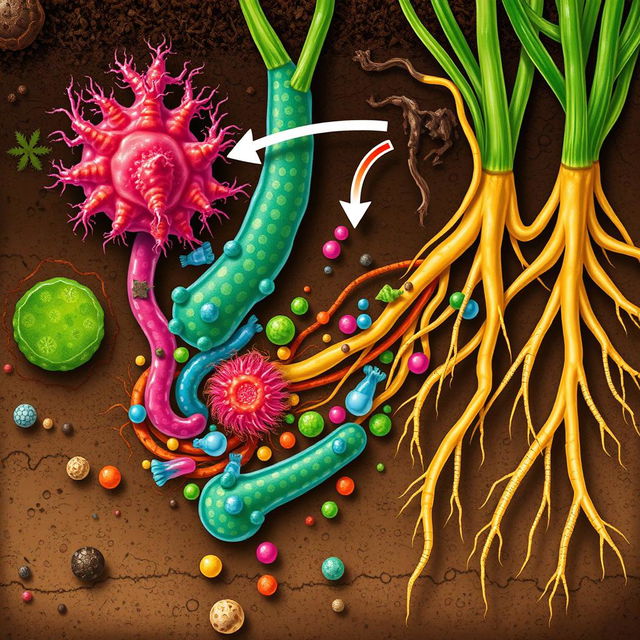 A detailed illustration showcasing the interaction between nitrogen-fixing bacteria and protozoa in a vibrant soil ecosystem