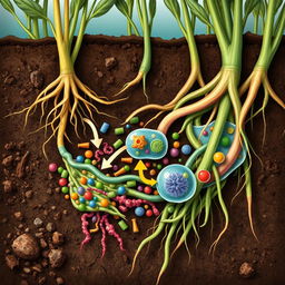 A detailed illustration showcasing the interaction between nitrogen-fixing bacteria and protozoa in a vibrant soil ecosystem