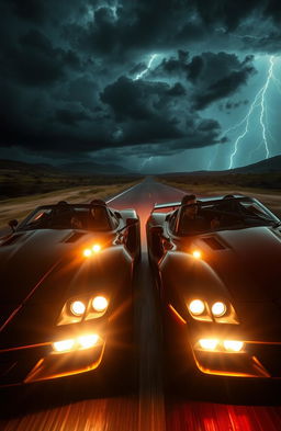 A captivating dark romance scene featuring two sleek, powerful racing cars speeding through a stormy night