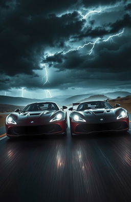 A captivating dark romance scene featuring two sleek, powerful racing cars speeding through a stormy night
