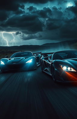 A captivating dark romance scene featuring two sleek, powerful racing cars speeding through a stormy night