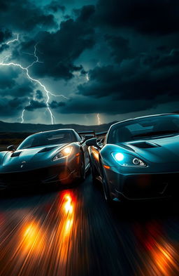 A captivating dark romance scene featuring two sleek, powerful racing cars speeding through a stormy night