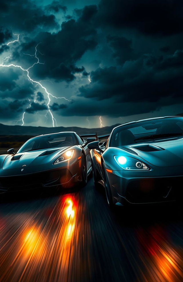 A captivating dark romance scene featuring two sleek, powerful racing cars speeding through a stormy night