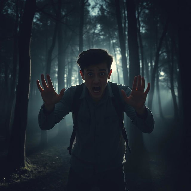 A terrified person standing in an eerie forest, wide eyes and a gripping expression