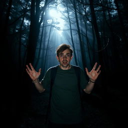 A terrified person standing in an eerie forest, wide eyes and a gripping expression