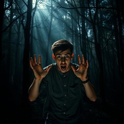 A terrified person standing in an eerie forest, wide eyes and a gripping expression