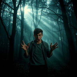 A terrified person standing in an eerie forest, wide eyes and a gripping expression