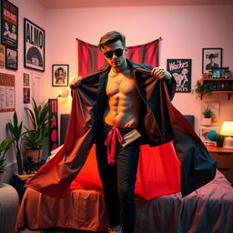 An artistic scene featuring a stylish adult figure in a modern bedroom setting, casually opening a set of colorful, fashionable clothing