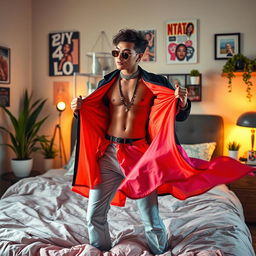 An artistic scene featuring a stylish adult figure in a modern bedroom setting, casually opening a set of colorful, fashionable clothing