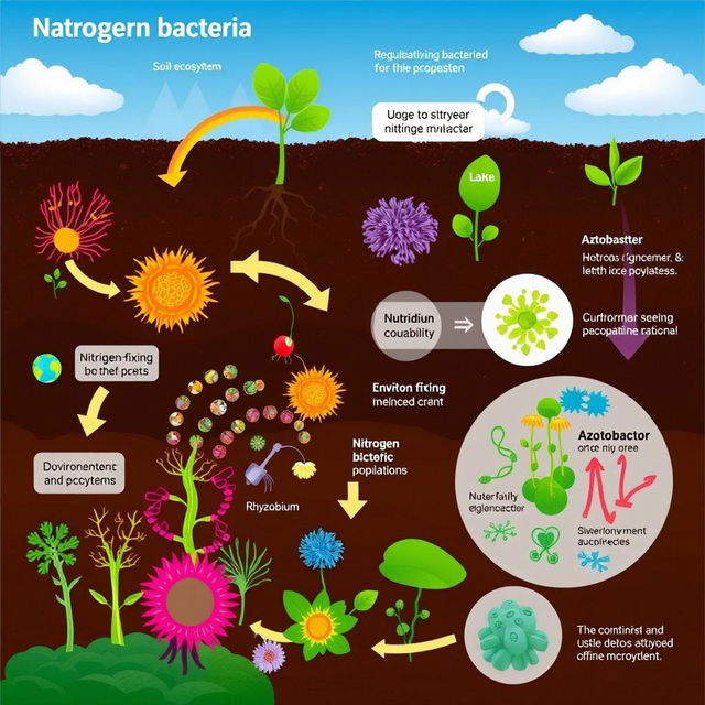 An informative illustration showcasing the regulation of nitrogen-fixing bacteria populations within a soil ecosystem