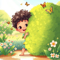 A whimsical illustration of a small child playfully peeking out from behind a large, vibrant green bush in a sunny garden