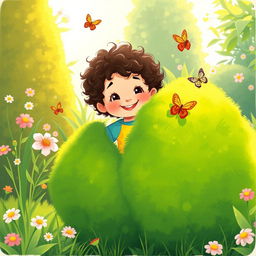 A whimsical illustration of a small child playfully peeking out from behind a large, vibrant green bush in a sunny garden